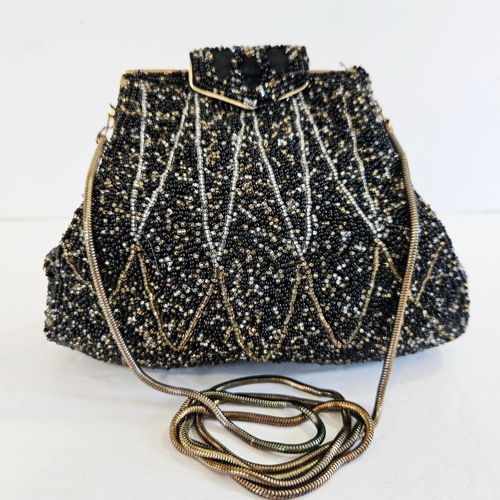 Vintage Adolfo 1950's Black Art Deco Glass Seed Beaded Clutch Purse Evening Bag